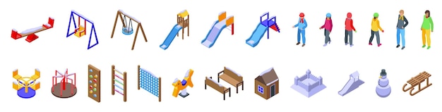 Winter playground icons set isometric vector Children garden snow fun