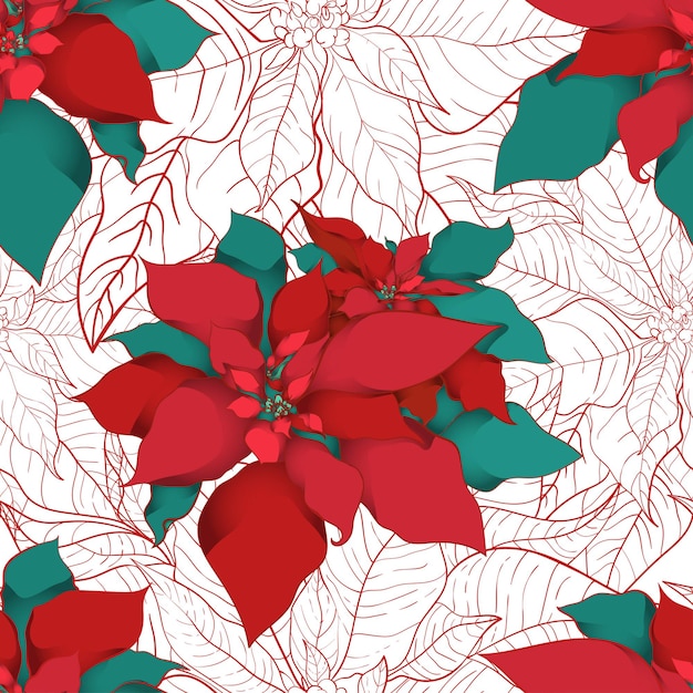 Vettore modello senza cuciture di poinsettia invernale per imballaggi natalizi e carta da imballaggio o tessuti. foglie di seta della stella di natale con linea rossa su sfondo bianco.