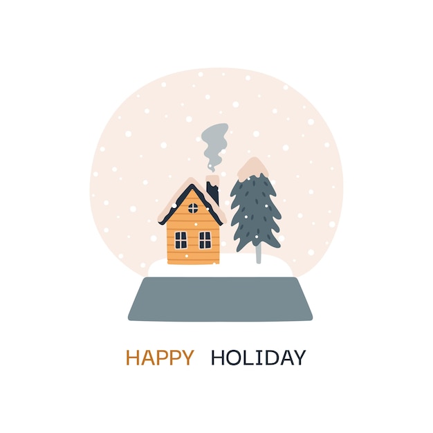Cartolina invernale globo di vetro con neve illustrazione vettoriale con un accogliente arbusto dell'albero della casa