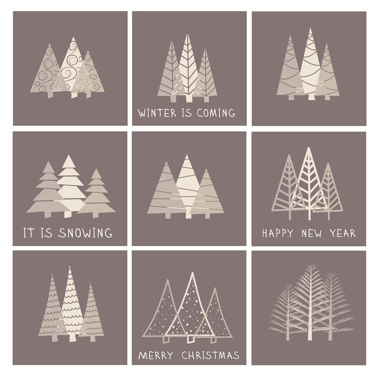 Vector winter postcard a set of postcards with christmas trees in a geometric style