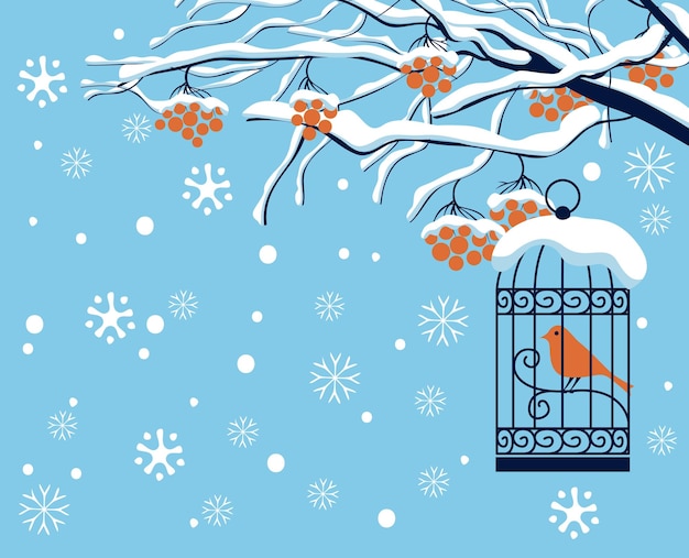 winter poster with bird in cage