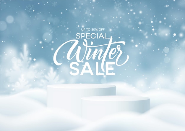 Vector winter product podium on the background of drifts, snowflakes and snow. realistic product podium for winter and christmas discount design, sale. vector illustration