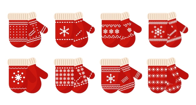 Winter red mittens with white snowflake ornament, set. Icons, vector