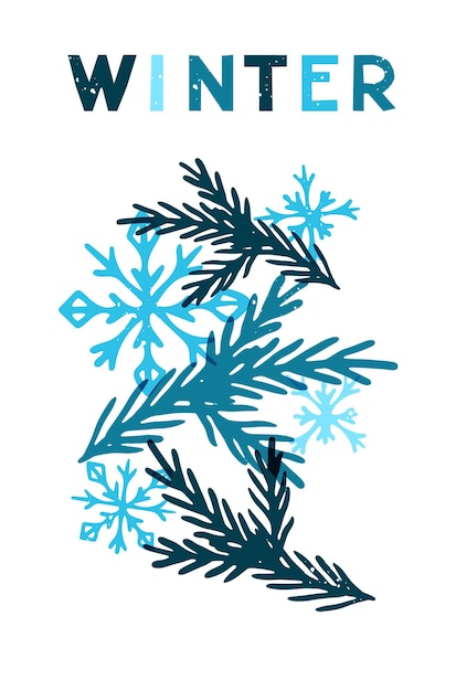 Winter risoprint composition with snowflakes and pine tree Retro abstract minimalistic illustration