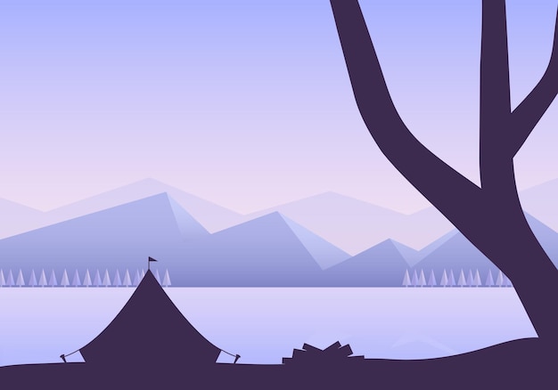 Vector winter river landscape with tent firewood and mountain view