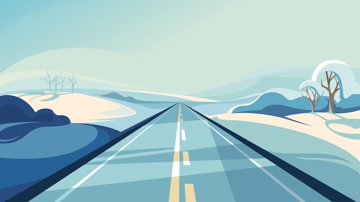 Vector winter road stretching into the horizon. beautiful outdoor scene.