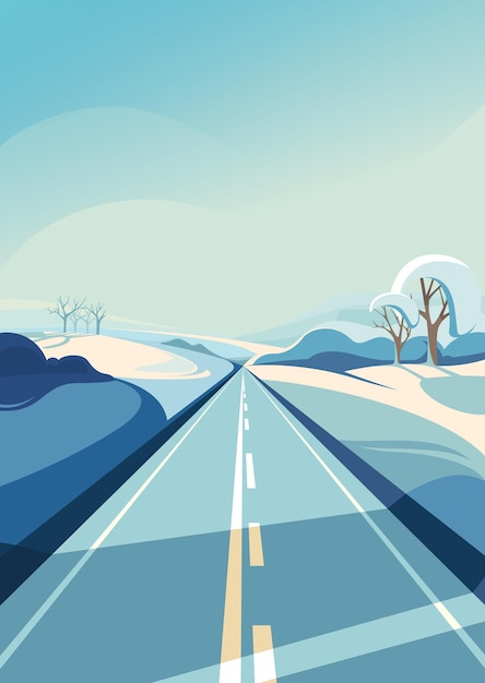 Vector winter road stretching into the horizon. outdoor scene in vertical orientation.