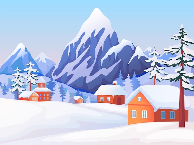 Winter rural landscape. Nature scene with snowy mountain peaks, wooden houses and spruce trees