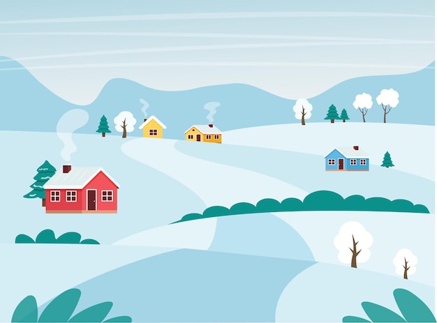 Зимний сельский пейзаж с полями, домами и деревьями. Векторная иллюстрация плоский