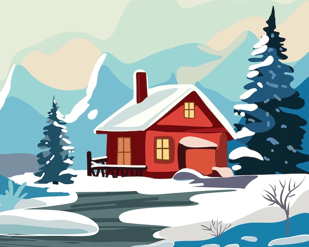 Winter rural landscape with fir trees mountains a river and a house Rural landscape