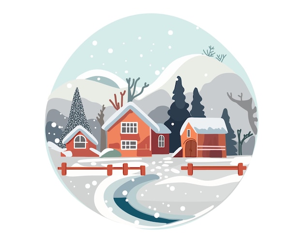 Vector winter rural landscape with fir trees mountains river and house