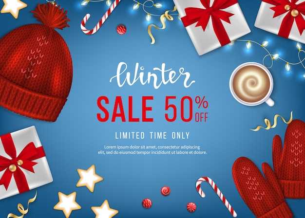 Winter sale banner poster flyer template korting seizoensgebonden aanbieding realistische geschenkdozen