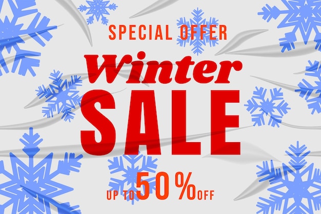 Winter sale banner sjabloon sneeuwvlokken achtergrond glued gerimpeld papier flyer aanbieding vector