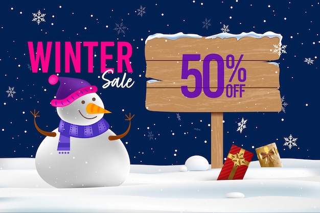 Winter sale banner template. offer written on wooden board with happy snowman in snow background