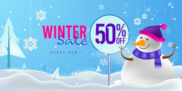 Modello di banner di vendita invernale pupazzo di neve con cartello di offerta sullo sfondo della neve