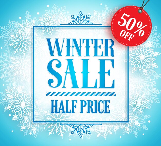 Winter sale banner vector design for season promotion with winter frame snow and red discount tag