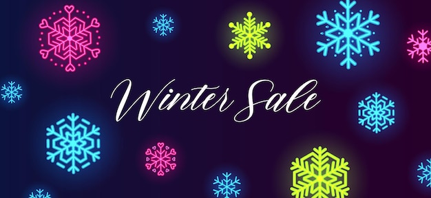 Winter sale banner with neon colorful snowflakes on dark blue background