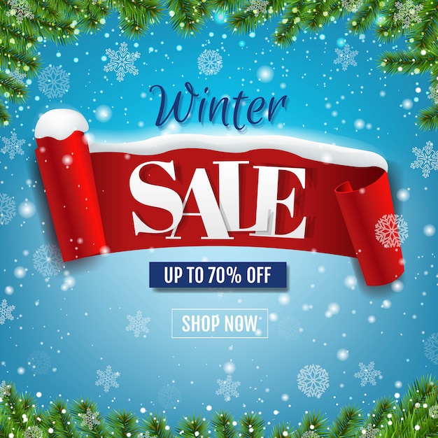 Winter Sale blauwe banner met rood lint en sneeuw