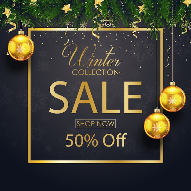 Winter sale collection with fir branches and balls