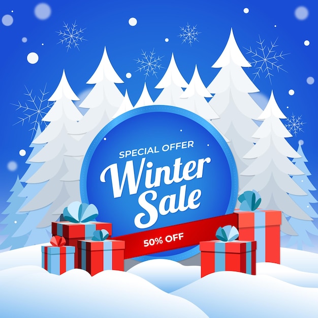 Winter Sale Concept with Pine Trees and Gifts Poster Design