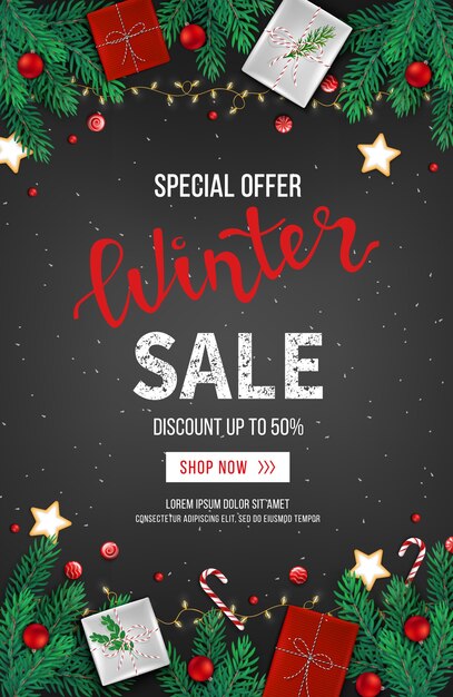 Vector winter sale discount banner poster flyer template special seasonal offer fir branches, garlands