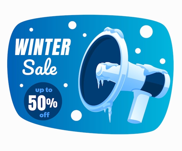 winter sale discount on megaphone, snow flakes all around