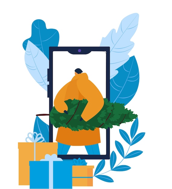 Зимняя распродажа с плоским баннером векторная иллюстрация Онлайн мобильное приложение для рождественской распродажи в смартфоне Люди покупают персонаж в веб-дизайне
