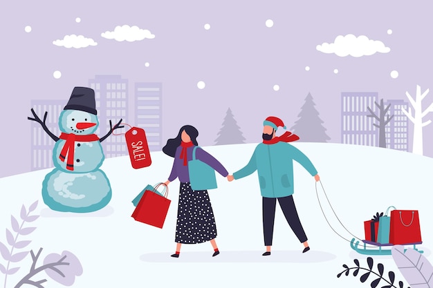 Winter sale grappige banner Gelukkige paar shoppers blank meisje houdt pakketten vector illustratie