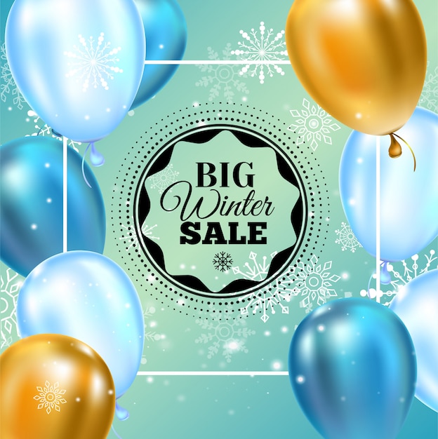 Winter sale inscription on background with snowflake and realistic helium balloons.