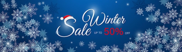 Winter sale poster, banner with swirling snowflakes on a dark blue background. vector