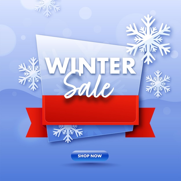 Дизайн плаката зимней распродажи со снежинками, украшенными на синем фоне боке