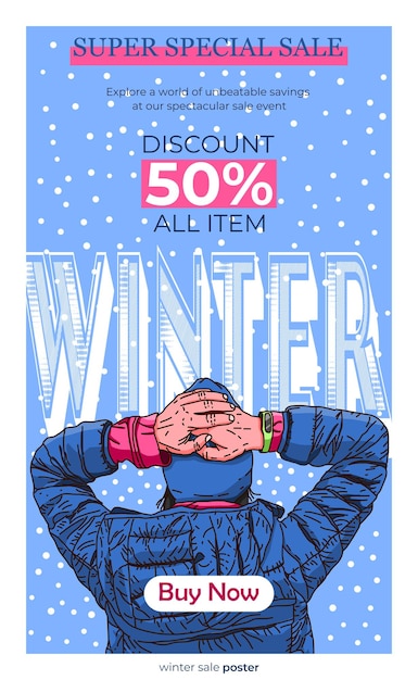 겨울 판매 포스터 손으로 그린 스타일 터 일러스트레이션