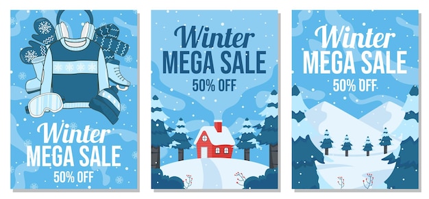 winter sale poster template banners set with cute snowman and winter landscape illustration