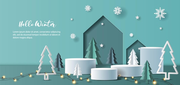 Vector winter sale product banner and podium platform with geometric shapes.