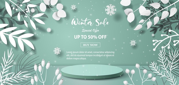 Vector winter sale product banner and podium platform with geometric shapes.