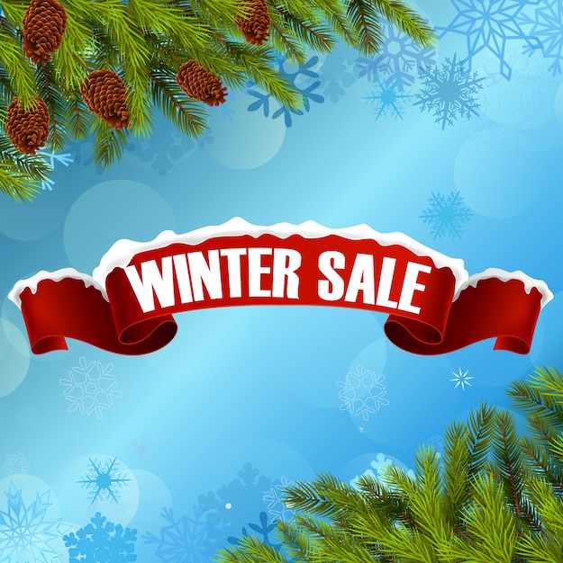 Winter sale on red snow-covered ribbon