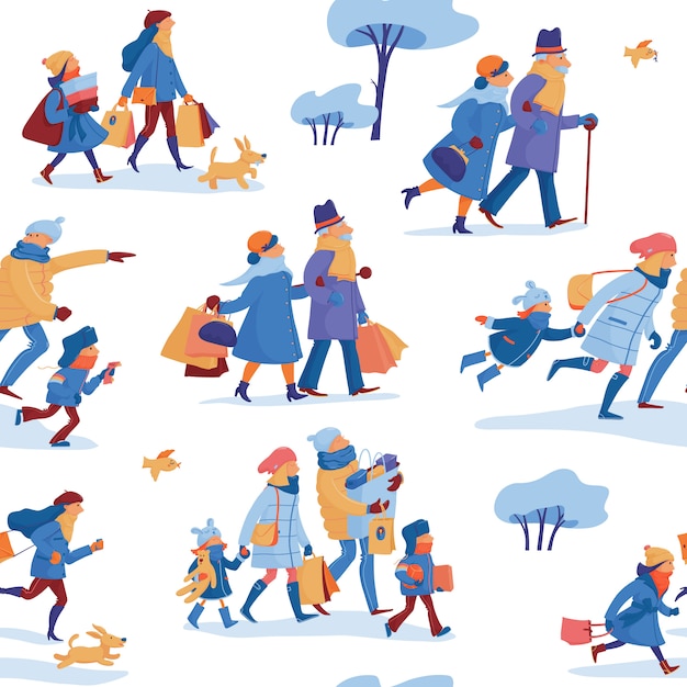 Winter sale seamless pattern with family of father, mother and kids, friends and elder couple in warm clothes hurrying