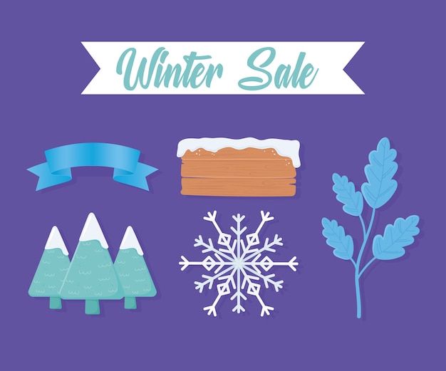 Vector winter sale set  of tree wooden board snowflakes and tree