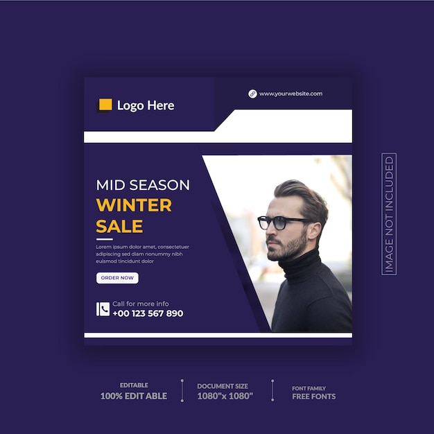 冬のセールソーシャルメディア投稿バナーデザインとInstagram投稿デザインテンプレート