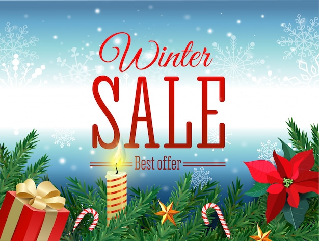 冬のセールタグ。白い冬の雪にぶら下がっている赤い販売タグは、季節の小売販売促進の背景をフレークします。ベクトルイラスト。