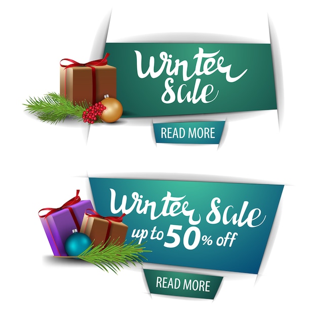 Winter sale, up to 50 off, banners with buttons and presents isolated