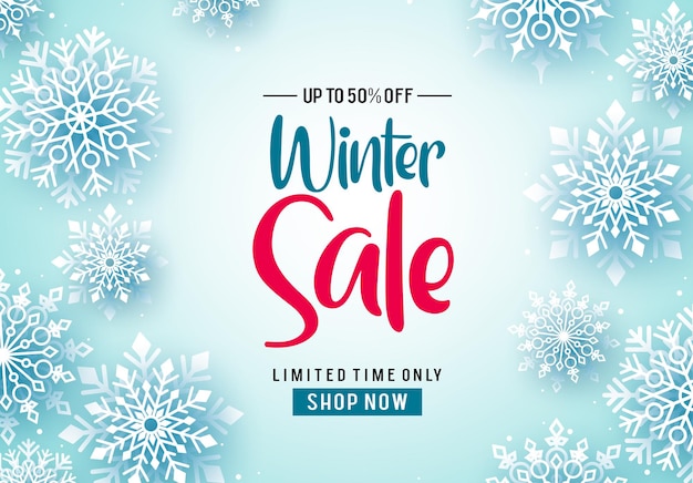 Winter sale vector banner background Winter sale text and falling snowflakes in white background