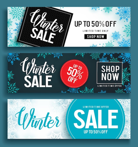 Winter sale vector banner set with sale text and snow background template