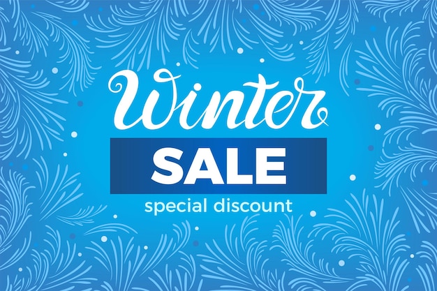 Winter sale vector banner with icy frosty patterns on blue background