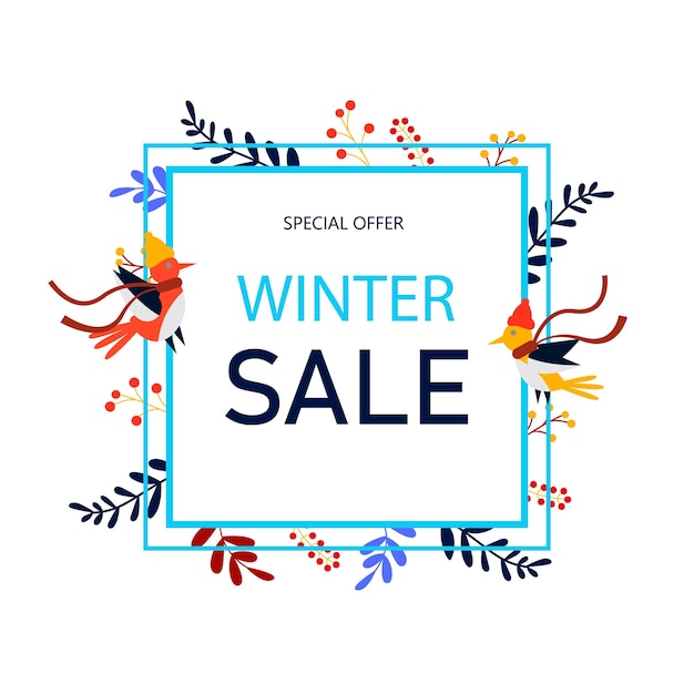 Vector winter sale vector poster design poster design with winter leaves and birds vector illustration