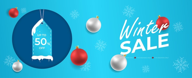 Winter sale with 50 discount offer shop background with 3d realistic christmas ball sale text special new year offer vector illustration sale concept