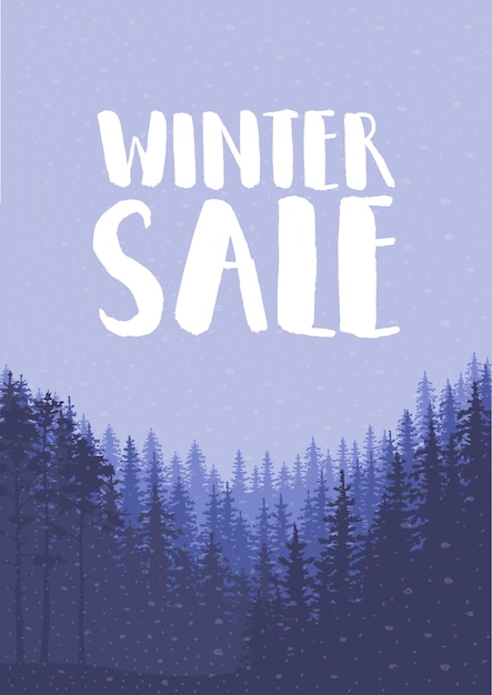 Winter sale words on the beautiful Chrismas flat Winter holidays landscape background with trees, snowflakes, falling snow. Vector illustration