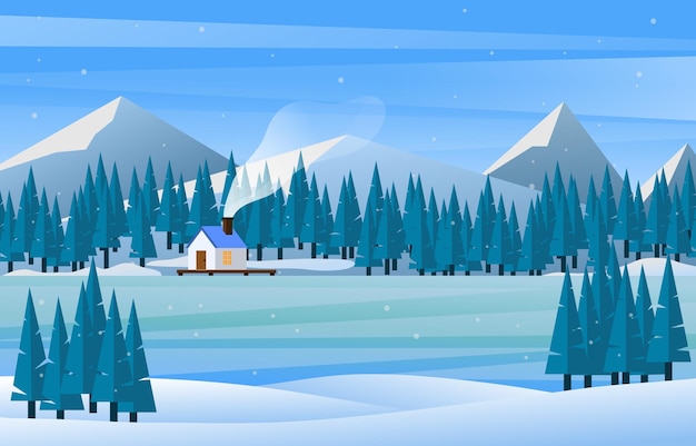 a winter scene with a cabin and trees