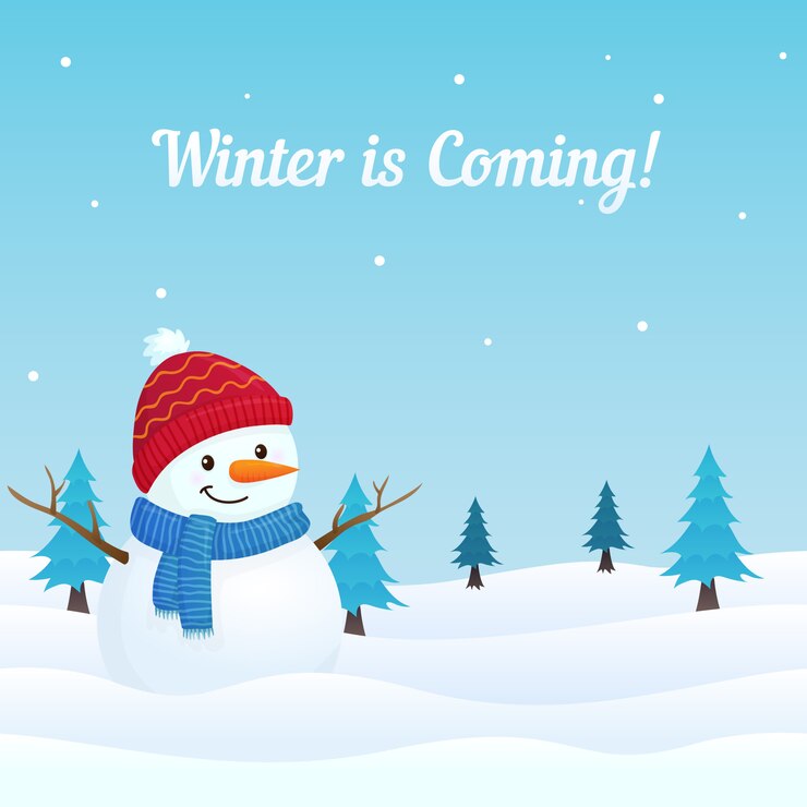 Winter scene with cute snowman in snow vector illustration. Winter is coming!