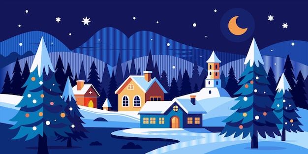 Vector a winter scene with a house and a full moon